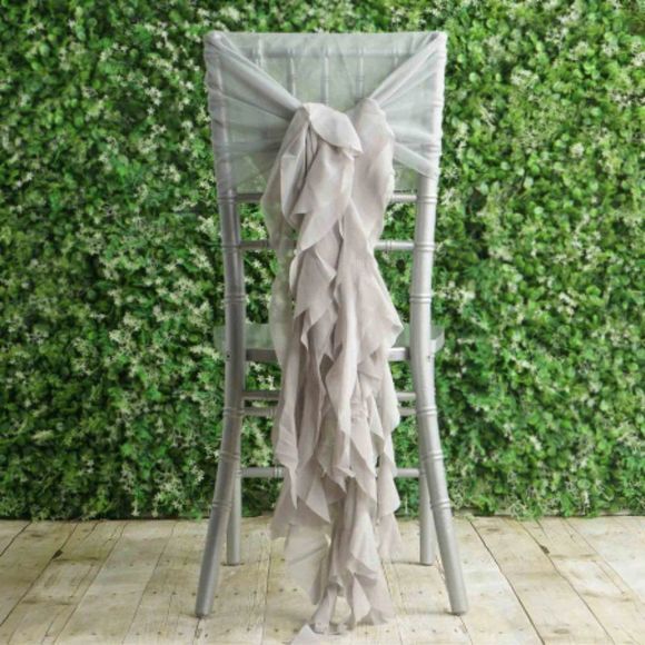 1 Set Silver Chiffon Hoods With Ruffles Willow 250 Chair Sashes - Picture 2 of 3